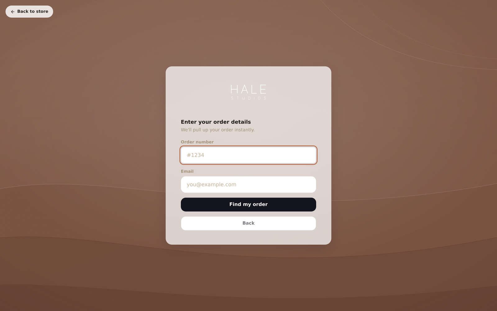 The returns portal order lookup screen asking for an order number and email address