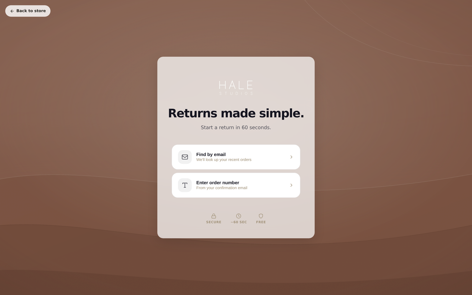The live customer returns portal showing the branded welcome screen